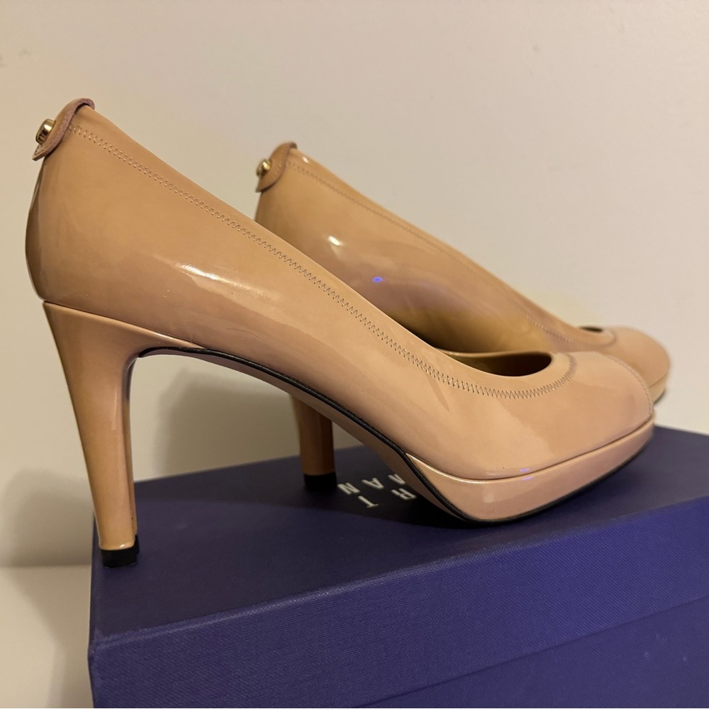 Stuart Weitzman Adobe Aniline Tan Patent Plainfield Peep Toe Pump Heels Size 10 - Picture 3 of 5